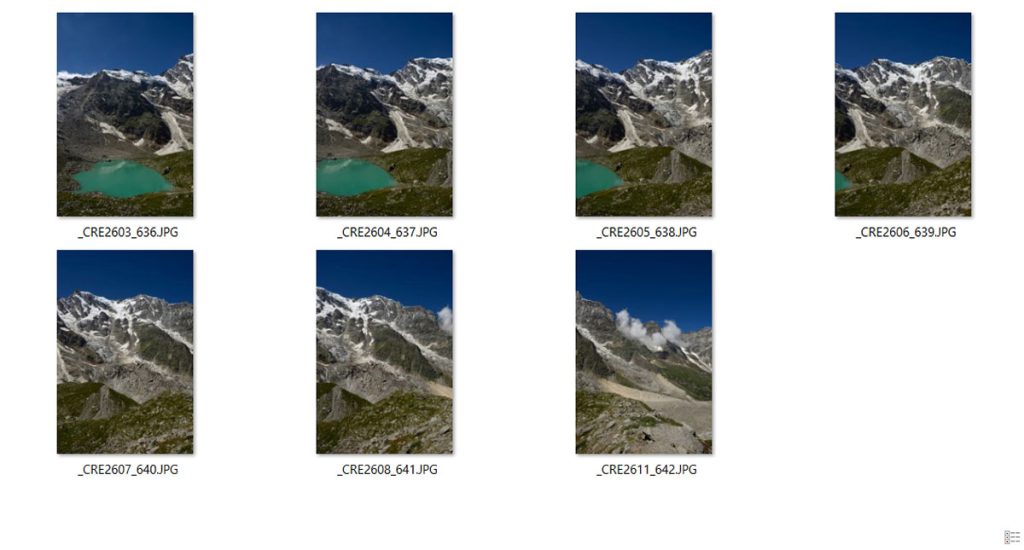 La parete Est del Monte Rosa e il lago delle Locce, in una foto ripresa da un punto di vista leggermente sopraelevato. Anche in questo caso, la grande difficoltà era dovuta alla dimensione del soggetto, la grandissima parete del Rosa. Il punto di vista di ripresa favorisce la resa di una prospettiva piuttosto naturale, con le giuste proporzioni. La focale di 24 mm è stata una scelta obbligata, altrimenti il soggetto non sarebbe stato compreso in inquadratura. Usare una focale grandangolare più estrema avrebbe allontanato di molto il soggetto. L’unione di questi 7 scatti è stata facilitata da un attento procedimento di scatto, rispettando i parametri descritti in questo testo. Le immagini importate successivamente in photoshop