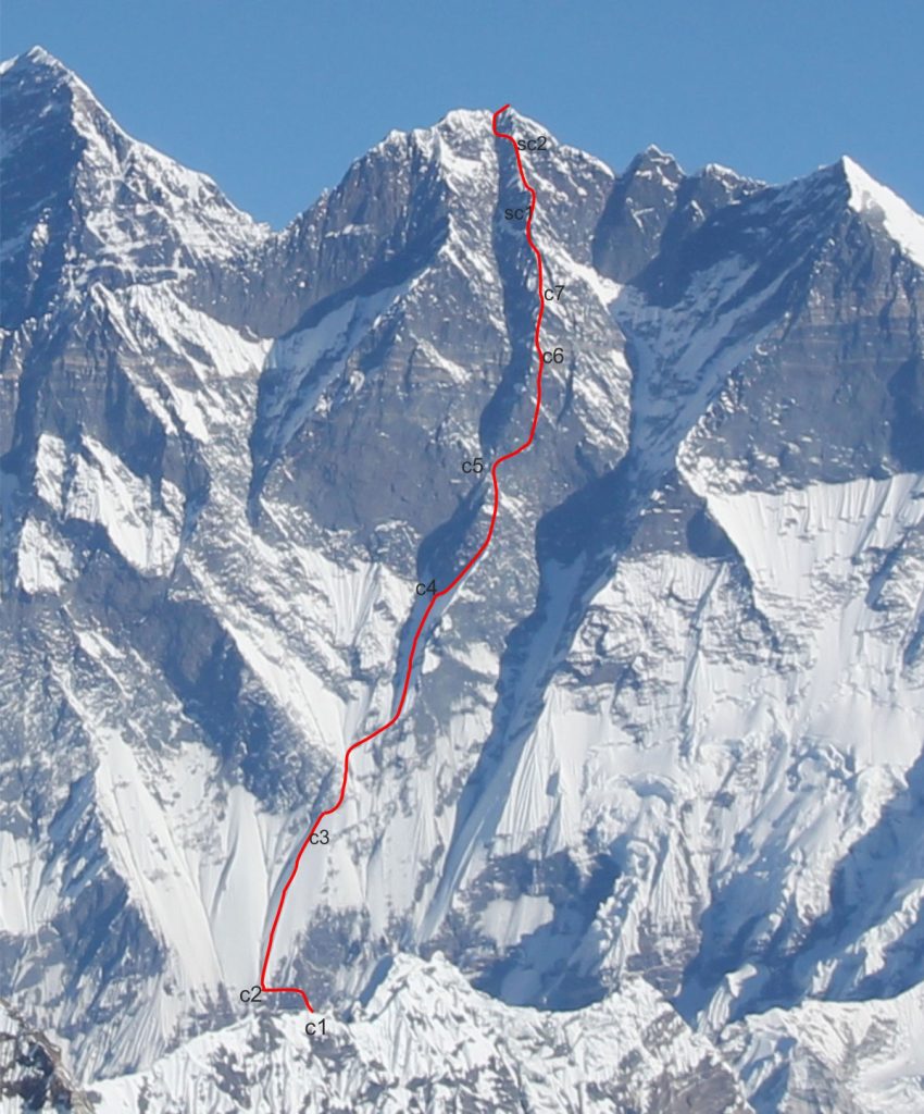 La via seguita dalla spedizione sovietica sulla sud del Lhotse nel 1990