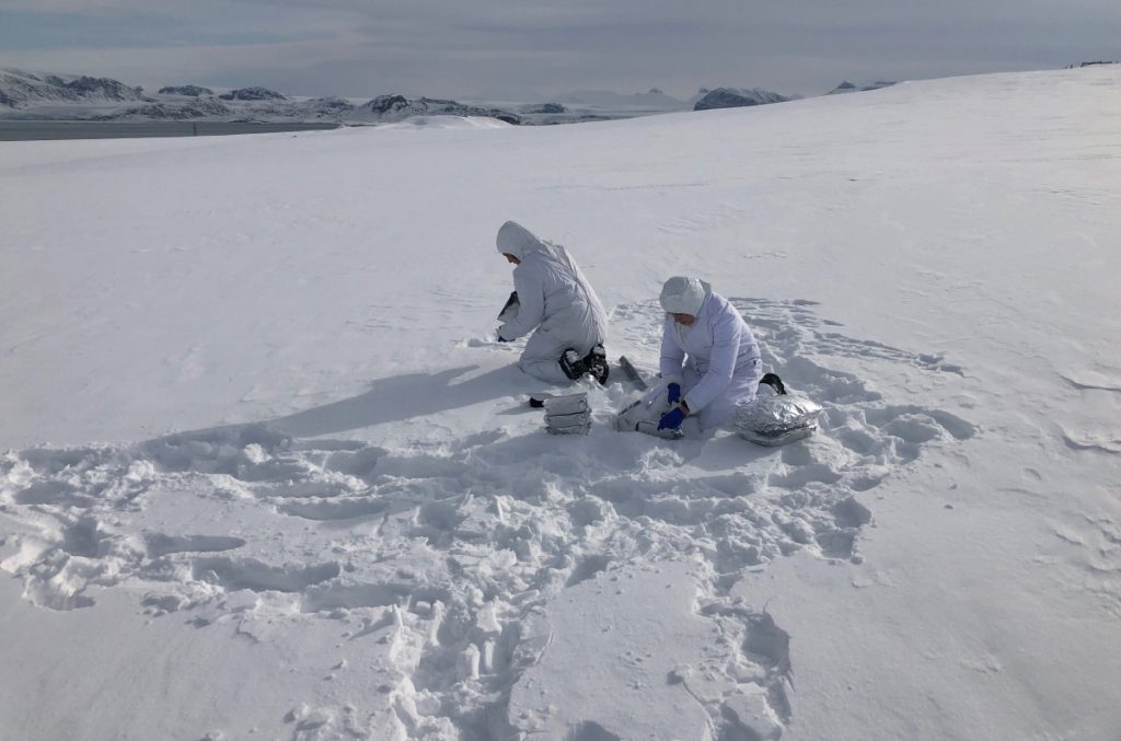 Attività di campionamento di neve a Ny-Ålesund, Isole Svalbard. Foto F. Scoto, CNR - Unive