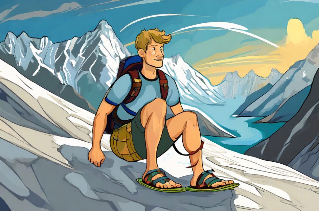 Un alpinista su un ghiacciaio con le ciabatte da mare. Immagine creata con Intelligenza Artificiale @Adobe Firefly