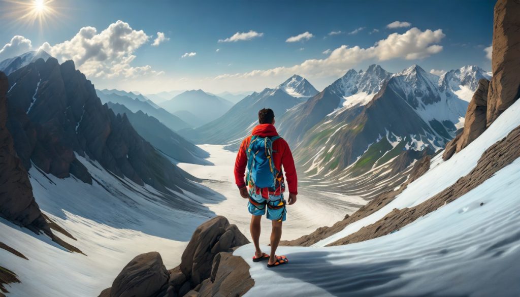 Un alpinista su un ghiacciaio alpino ma con le ciabatte e i pantaloni corti. Immagine creata con Intelligenza Artificiale @Adobe Firefly