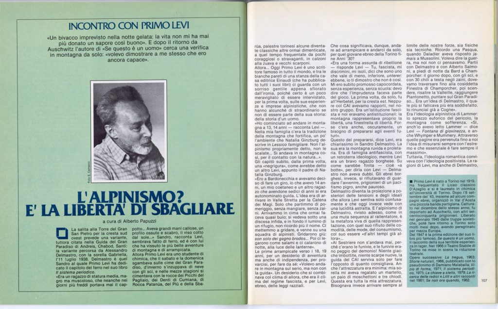 Intervista di Alberto Papuzzi a Primo Levi sulla “Rivista della Montagna”, marzo 1984. @Biblioteca Nazionale del Club Alpino Italiano