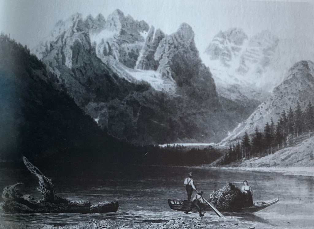 Val Fonda e Gruppo del Cristallo dal Lago di Landro ( litografia di metà
