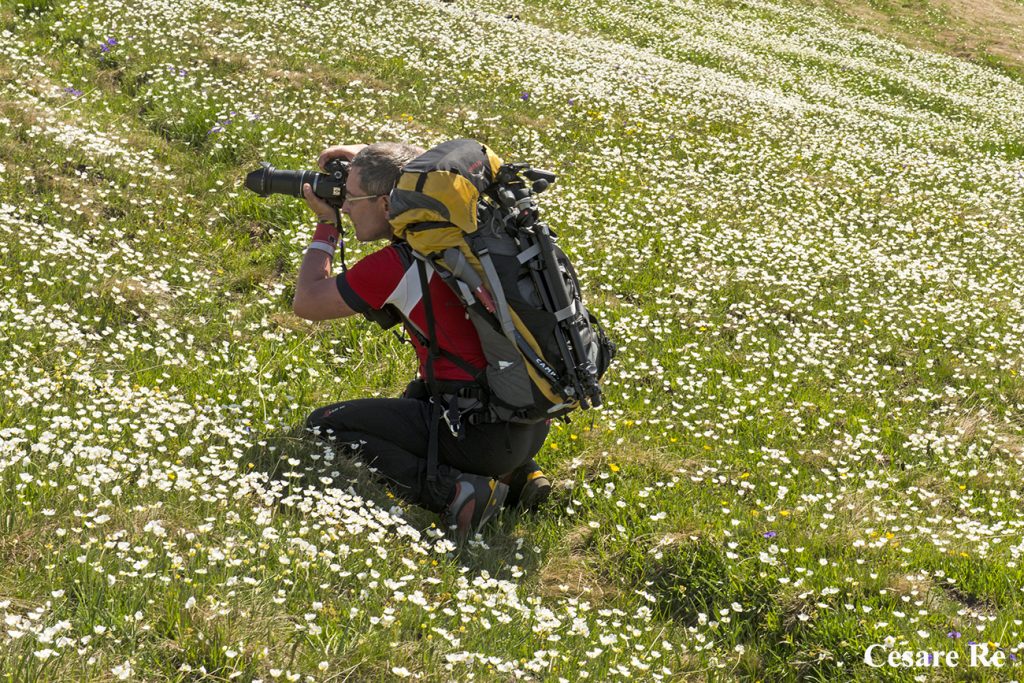 Zaino da montagna, treppiede appeso al porta accessori esterno e fotocamera in pugno da riporre poi nello zaino.