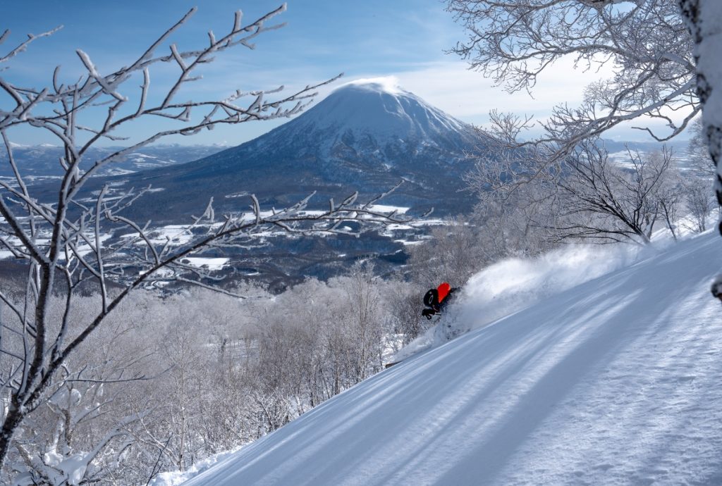 Discesa nella powder con il monte Yote sullo sfondo