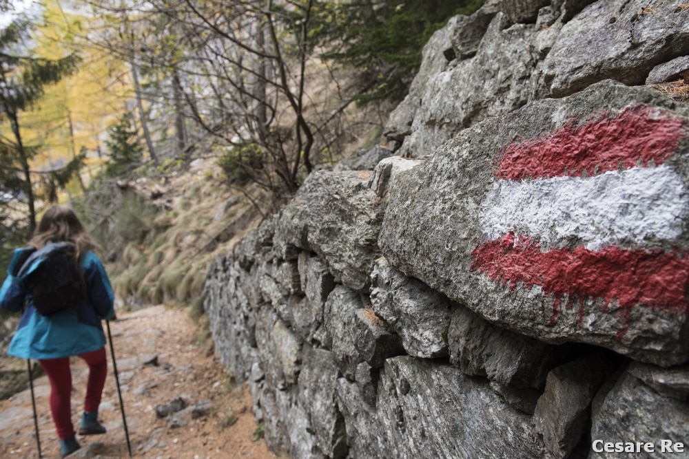 Un modo diverso per rappresentare il simbolo di sentiero e l'escursionista. Si pone l'attenzione sul segno di percorso, ma si racconta anche la presenza di chi sta camminando lungo l'itinerario. Spesso, per illustrare articoli su riviste di trekking ed escursionismo, come la stessa Montagna.TV, è necessario che ci siano fotografie di persone che camminano o che si muovono sul sentiero. Spesso, quindi, cerco modalità diverse per scattare questa tipologia di fotografie e anche per accontentare redattori, giornalisti, foto editor e il direttore...La focale, in questo caso, è di 24 mm, quindi grandangolare. La profondità di campo dovrebbe, quindi, essere elevata, come spiegato sopra. Mi sono, quindi, avvicinato molto al punto di messa a fuoco, in modo da ridurla. Più il punto di messa a fuoco è ravvicinato e più la pdc si rduce. Nikon D810; Nikkor 24-70 2,8 AFG; 1/250 sec; f/5,6; ISO 800.