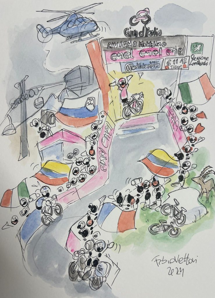 Il disegno di Fabio Vettori sul cippo dedicato a Tadej Pogacar @Museo del paracarro