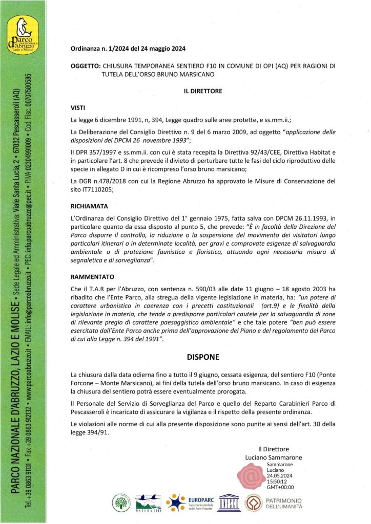 La delibera del PNALM che vieta il sentiero F10