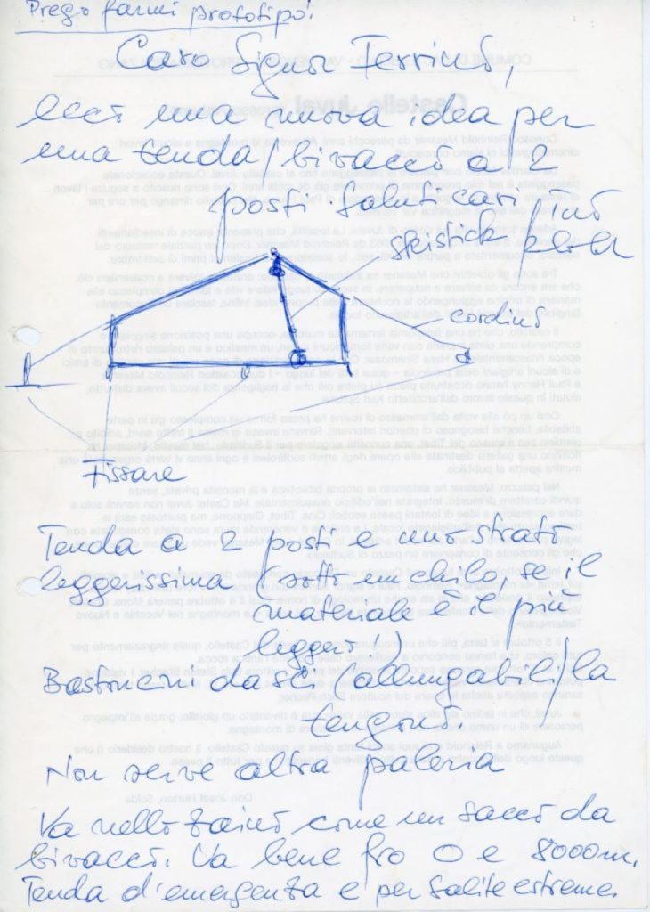 I suggerimenti di Reinhold Messner per la costruzione della tenda che avrebbe usato in spedizione. Foto Archivio storico digitale Ferrino