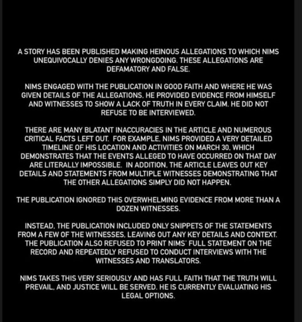 Il testo apparso sul profilo IG di Nirmal Purja