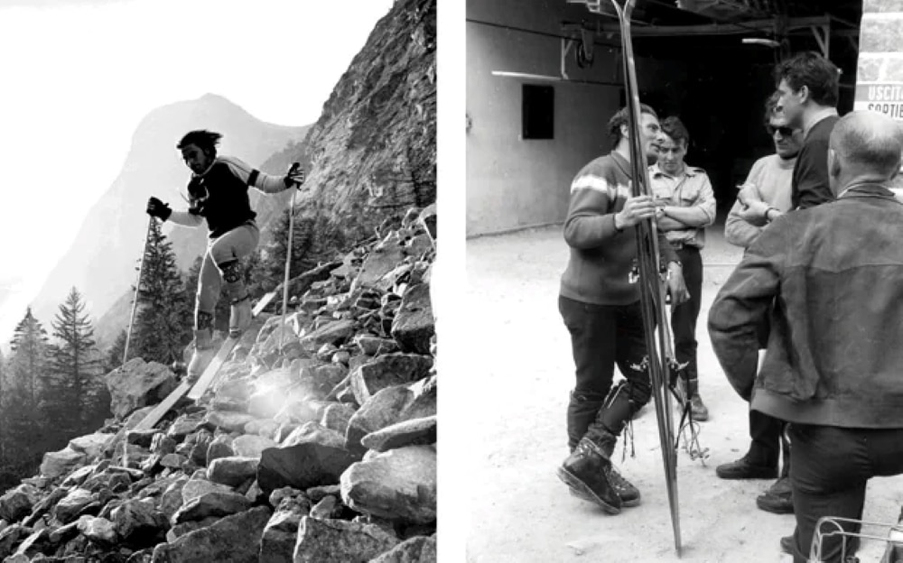 A sinistra, allenamento sui sassi a Megeve nel 1970. A destra con un paio di sci da 205 cm. Foto Gianni Constantino-Saudan