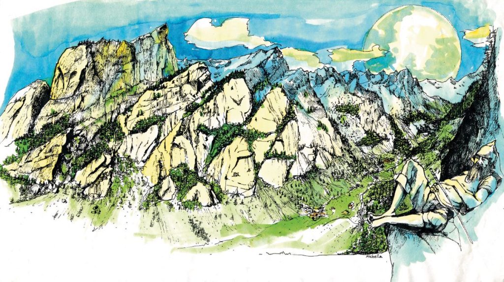 Le pareti della Val di Mello in un disegno di Jacopo Merizzi