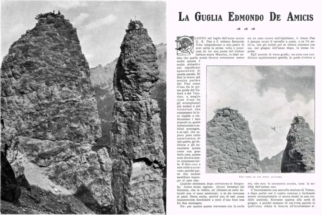 La famosa traversata aerea sulla Guglia De Amicis. Foto dal libro Mezzo secolo di alpinismo