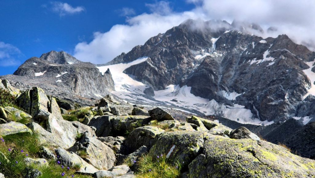 Il ghiacciaio di Preda Rossa e il Disgrazia dal sentiero, foto Stefano Ardito