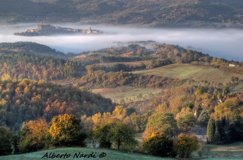 Paesaggio autunnale del Casentino, sul versante toscano del Parco. Sullo fondo Poppi. Foto Alberto Nardi
