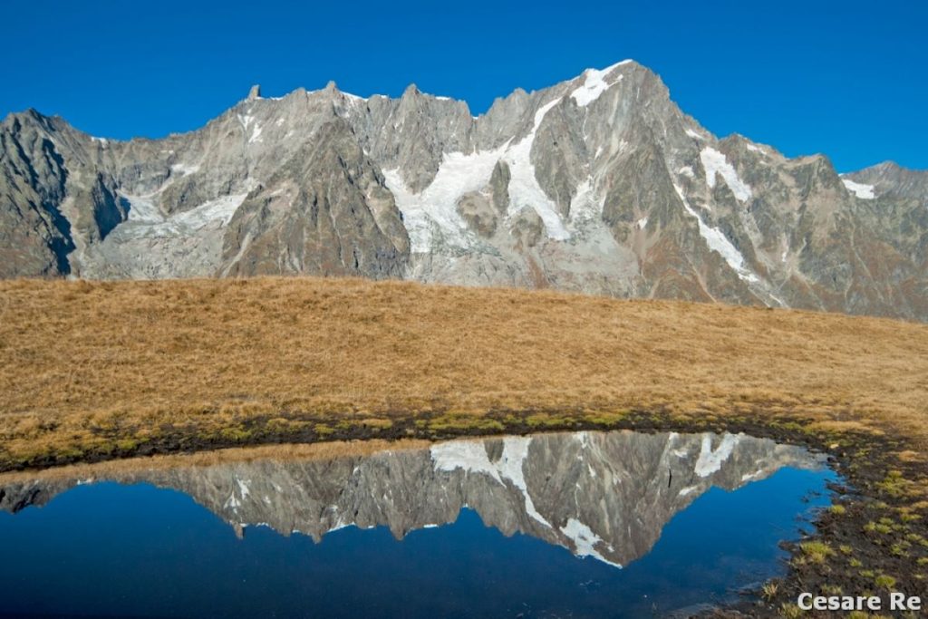Le Grandes Jorasses si riflettono in un laghetto di fusione. Foto Cesare Re