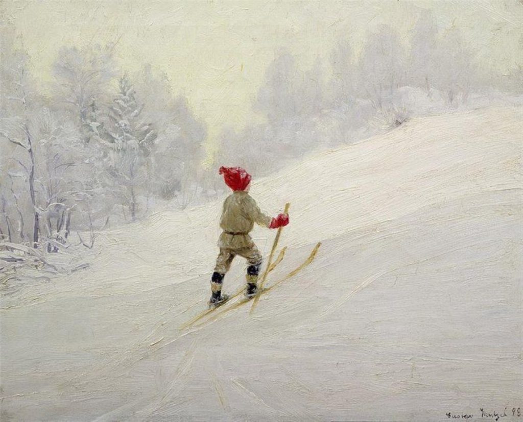 Una volta immersi nella neve, quanto restiamo in ascolto, quanto valutiamo costantemente quel che accade, Gustav Wentzel, Imparando a sciare, 1898 @didatticarte.it