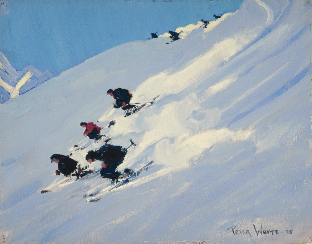 Ad ogni inizio d’inverno un profluvio di informazioni sono indirizzate frequentatori della montagna innevata, Peter Whyte, Sciatori, 1938 @didatticarte.it