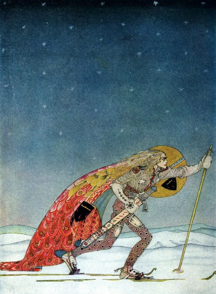 La comunicazione orientata a suggerire il miglior articolo utile a muoversi e performare al meglio in un campo sportivo, Kay Nielsen, Guerriero sugli sci, 1914 @didatticarte.it
