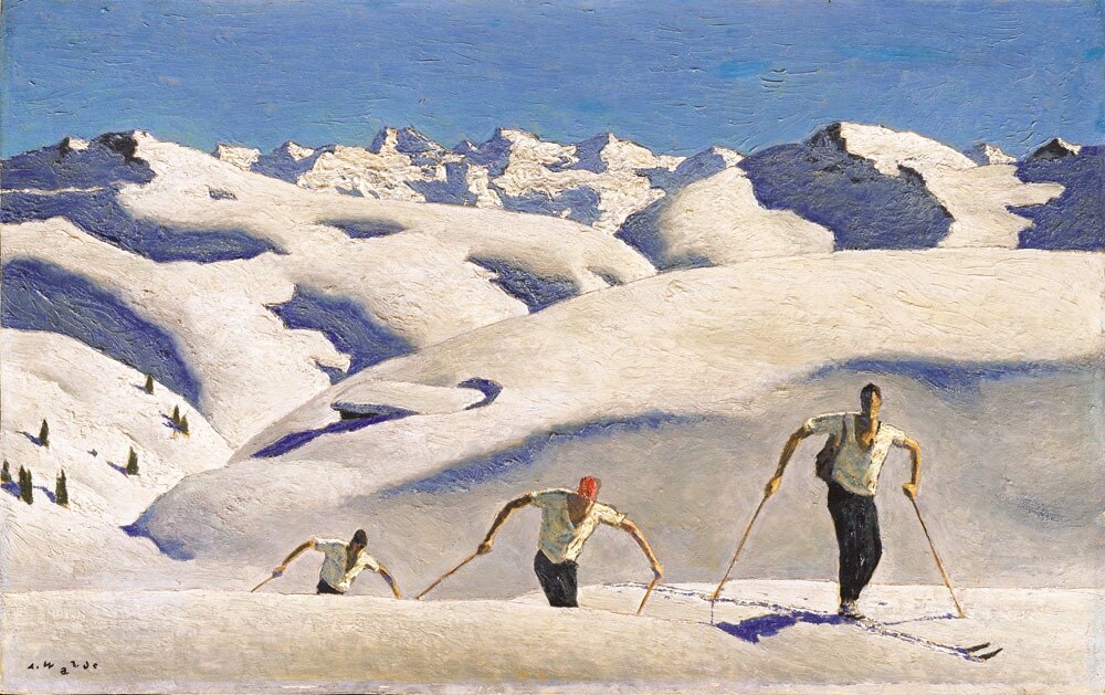 Perdersi consapevolmente acuisce i nostri sensi, Alfons Walde, Salita degli sciatori, 1927 ca., olio su cartone, Museum Kitzbühel @didatticarte.it