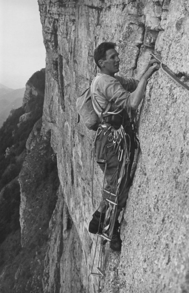 Claude Barbier durante la ripetizione della Voie des Parisiennes sulla Pelle, nel Diois, il 24 luglio 1965. Foto Chris Bonington
