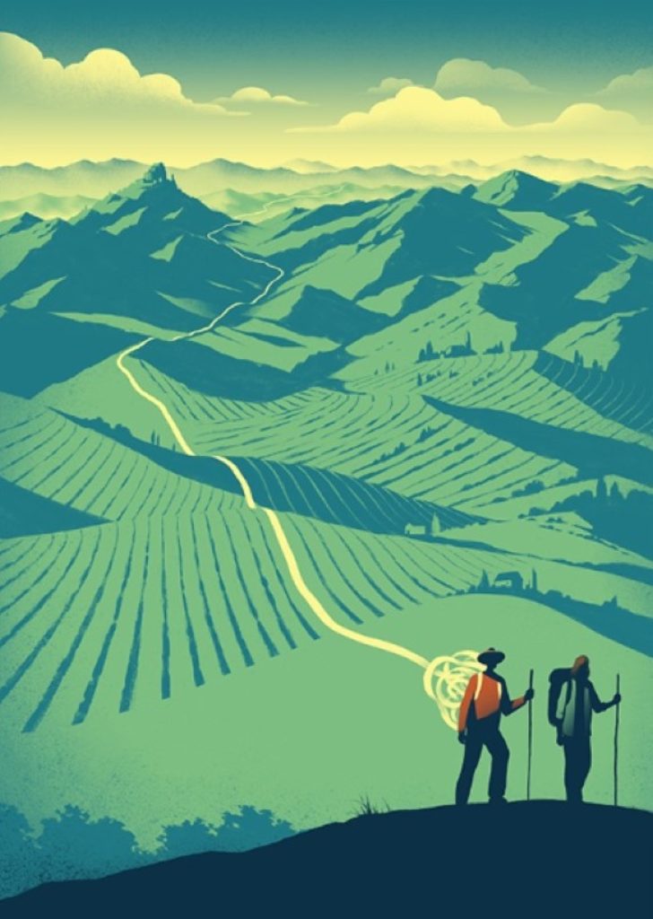Il Piemonte dei pellegrinaggi. Dipinto di Davide Bonazzi In cammino. alla mostra La porta di Torino, itinerari sindonici sulla Via Francigena
