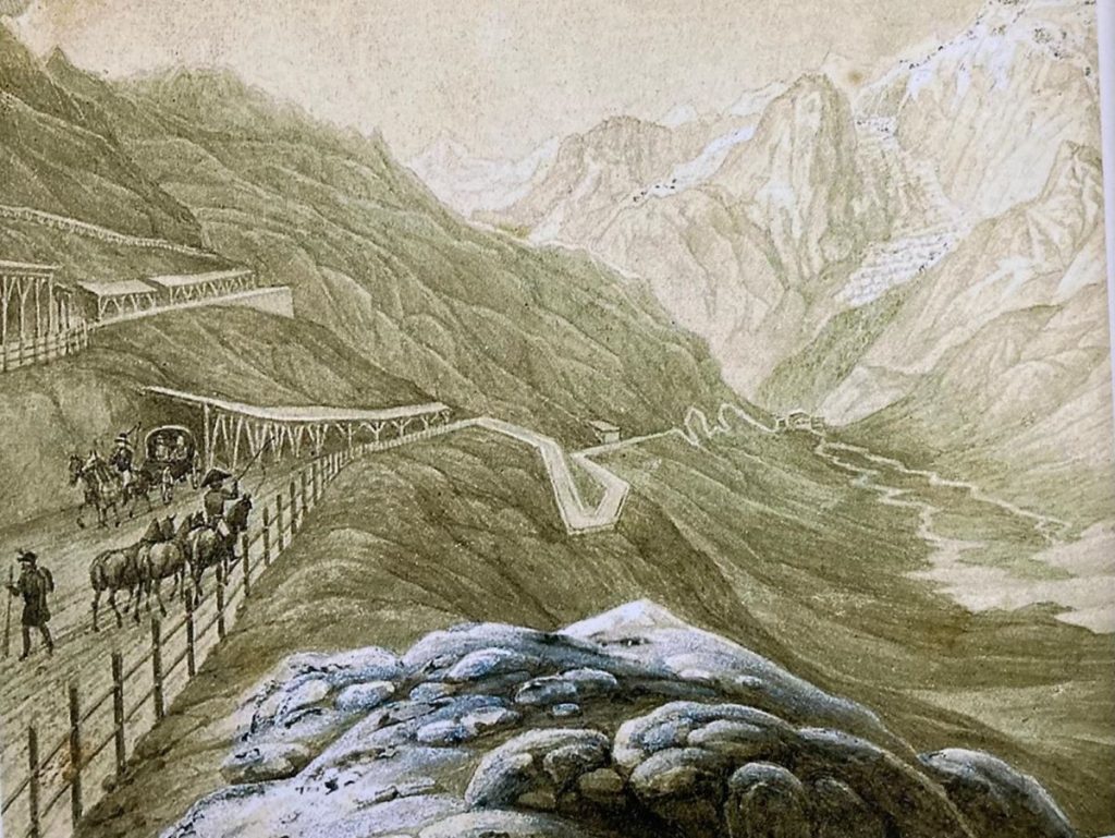 Le gallerie in legno sul versante altoatesino del Passo dello Stelvio in una stampa dell