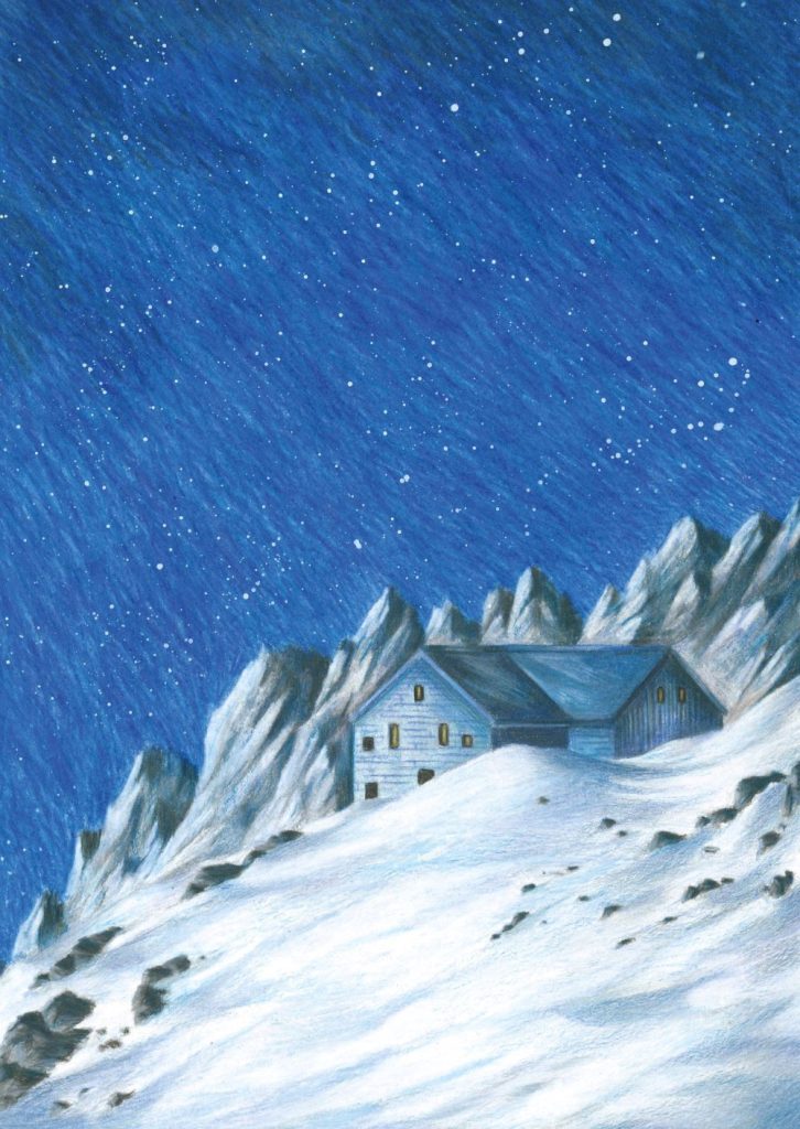 Il Rifugio Marco e Rosa, dedicato a Rosa Curioni De Marchi. Disegno di Luca Pettarelli