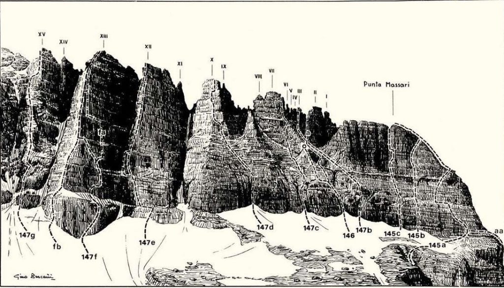 Le Torri della Cresta Nord-Ovest di Cima Brenta disegnate da Buscaini