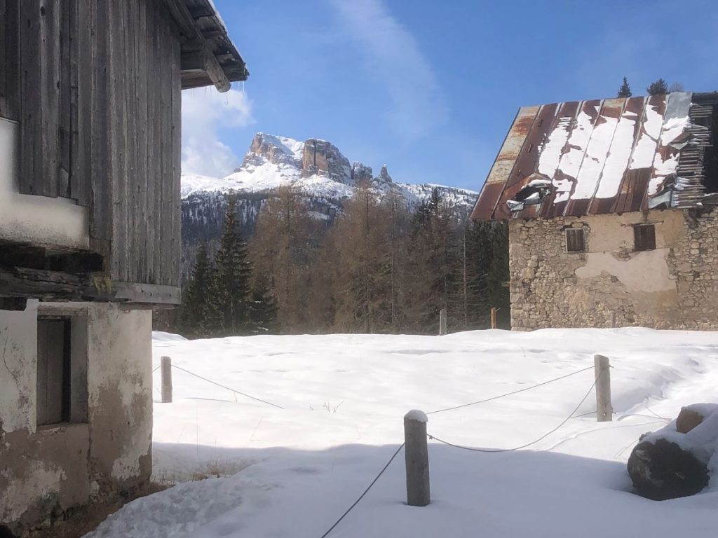 Le malghe Fedarola, sullo sfondo le Cinque Torri ( foto M. Spampani)