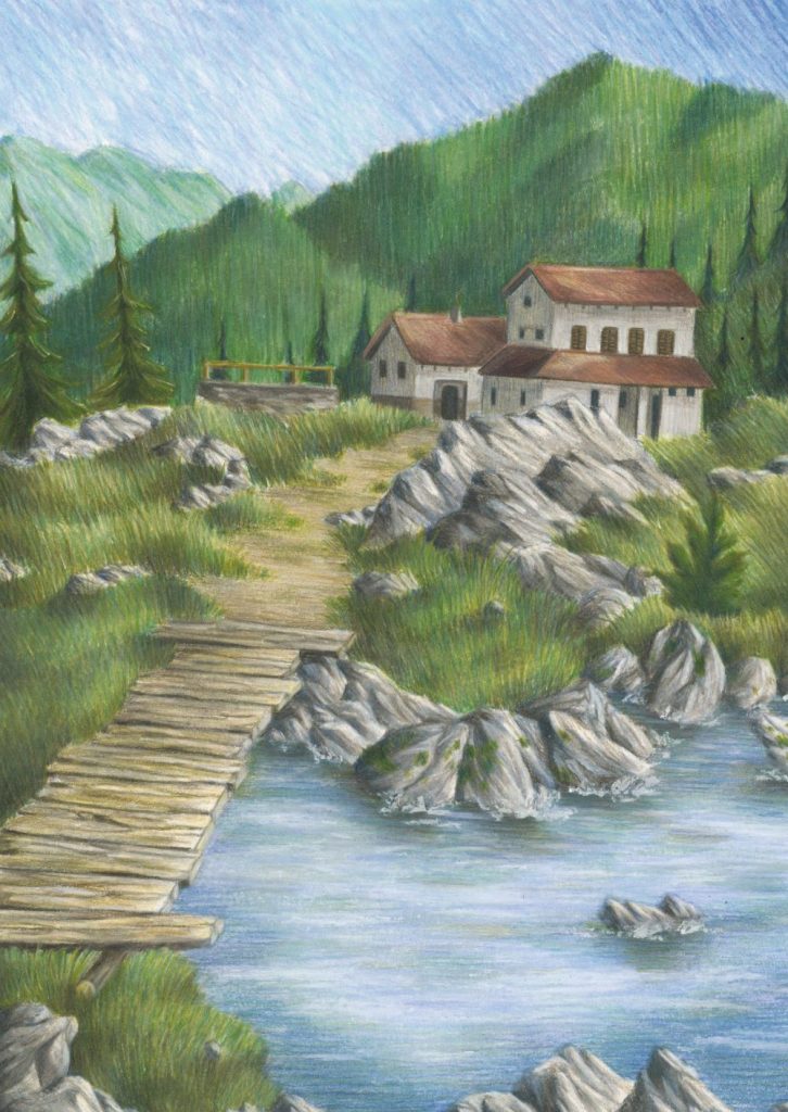 Rifugio Barbara, dedicato a Barbara Lowrie, in Val Pellice (TO). Disegno di Luca Pettarelli