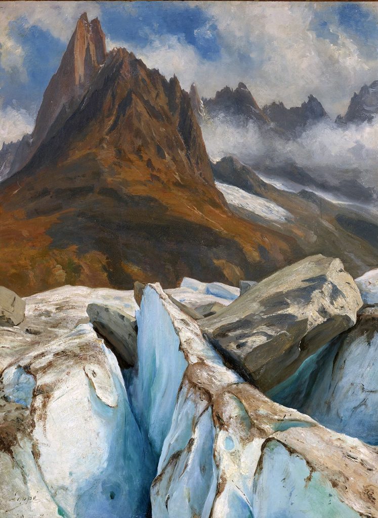 Crevasses et séracs sur la Mer de Glace avec l’Aiguille du Dru en arrière-plan @ Collezione Amis du Vieux Chamonix