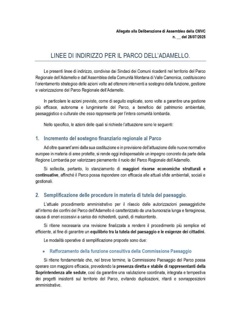 La prima pagina del documento della Comunità Montana della Valle Camonica
