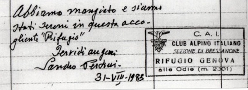 Dedica lasciata nel libro del Rifugio Genova dal presidente della Repubblica Sandro Pertini, transitatovi durante un
