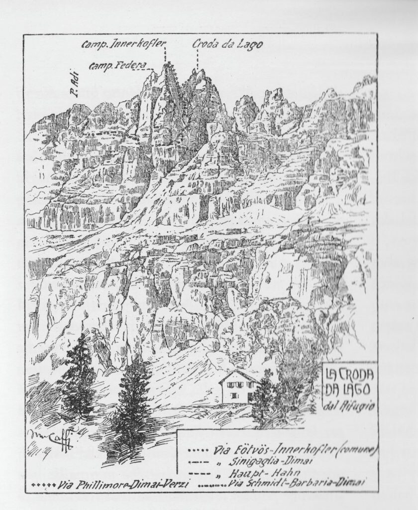 Disegno di Annibale Caffi della via seguita da Innerkofler e Von Eötvös (tratto da Dolomiti Orientali di Antonio Berti)