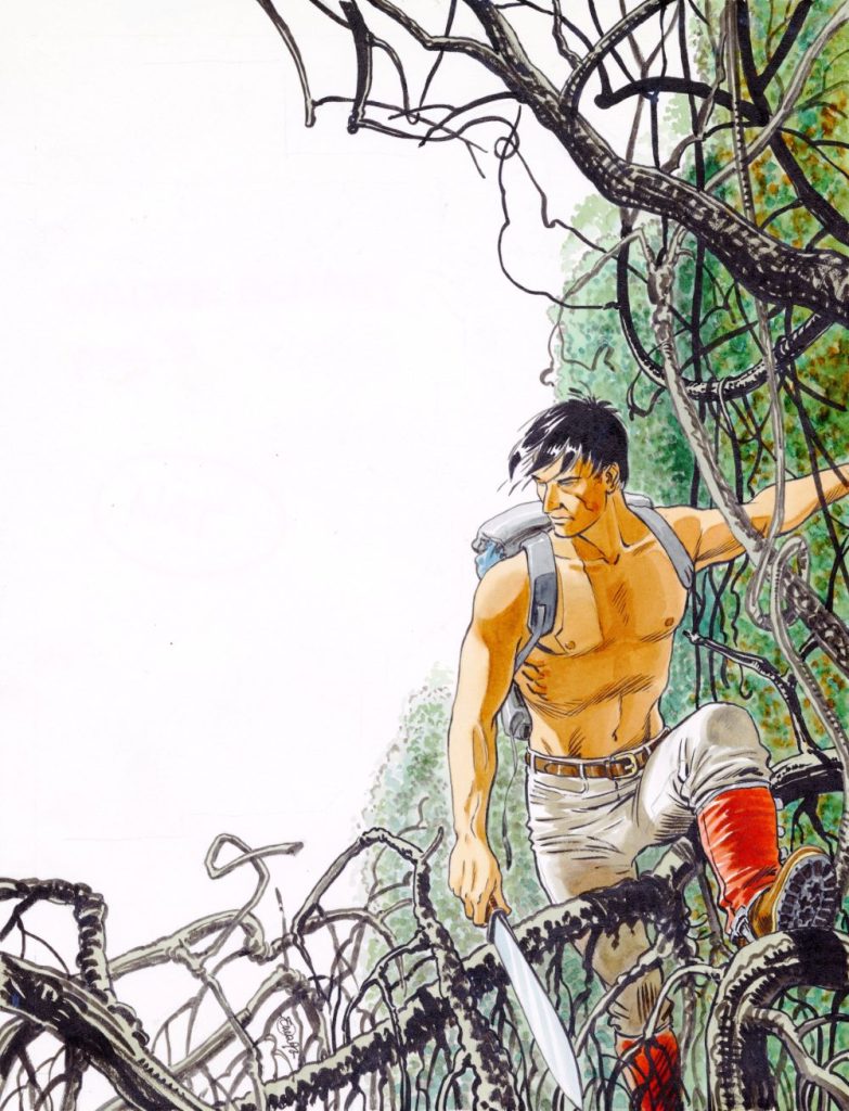 Illustrazione di Enea Riboldi ispirata al viaggio di Bonatti a Nuku-Hiva (Isole Marchesi), sulle tracce di Herman Melville