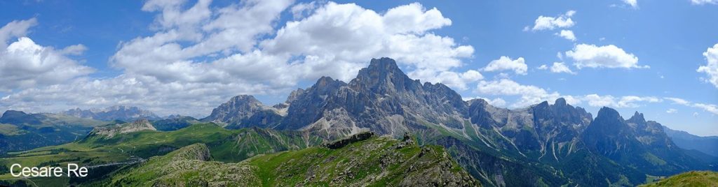 Panoramica dalla vetta con Marmolada, Castellaz e le Pale, dal Mulaz, sino al Sass Maor. Al centro il Cimon della Pala. Foto Cesare Re
