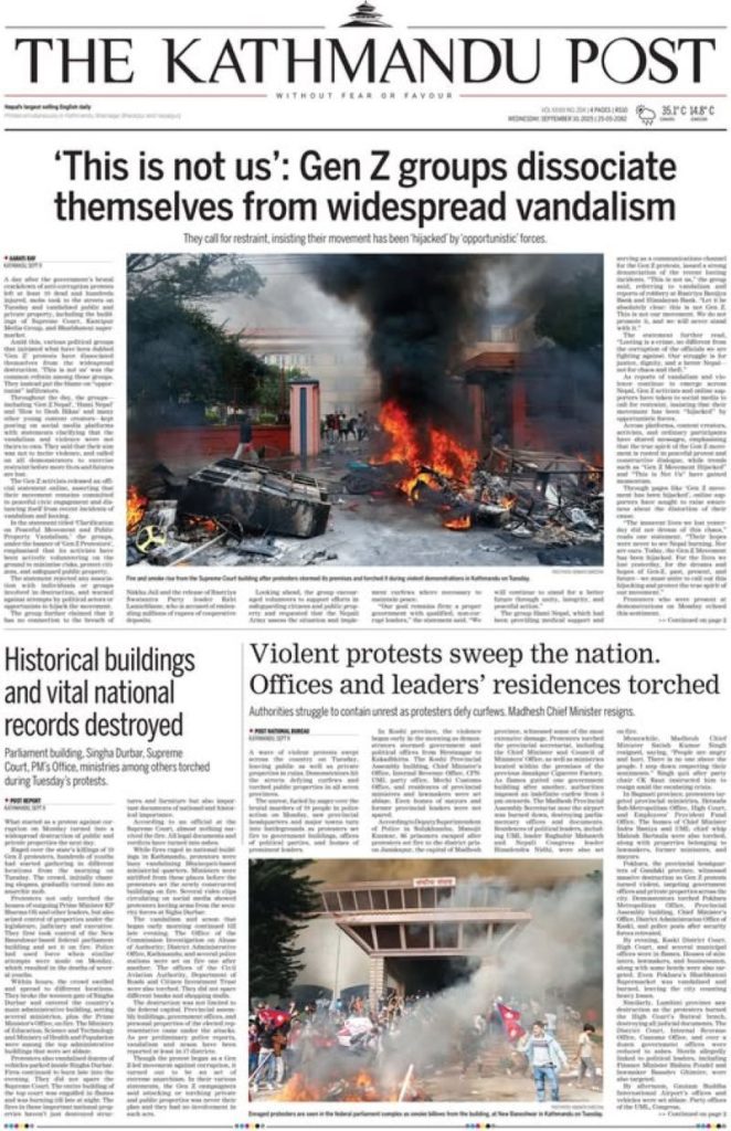 Il Kathmandu Post del 10 settembre
