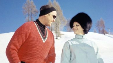 Claudia Cardinale con David Niven sulle piste di Cortina durante le riprese di La Pantera Rosa