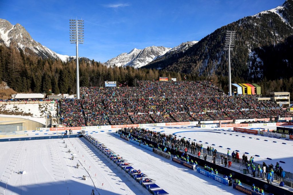 La Sudtirol Arena Alto Adige di Anterselva. Qui si disputeranno le gare olimpiche di biathlon. Foto FB Biathlon Antholz Anterselva