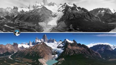 La lingua del ghiacciaio di Piedras Blancas, sotto il massiccio del Fitz Roy, nel 1931 e oggi @Fabiano Ventura