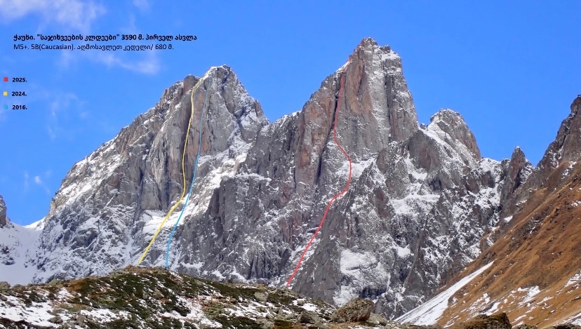 In rosso la via di salita sull'Archil Peak realizzata dal team georgiano