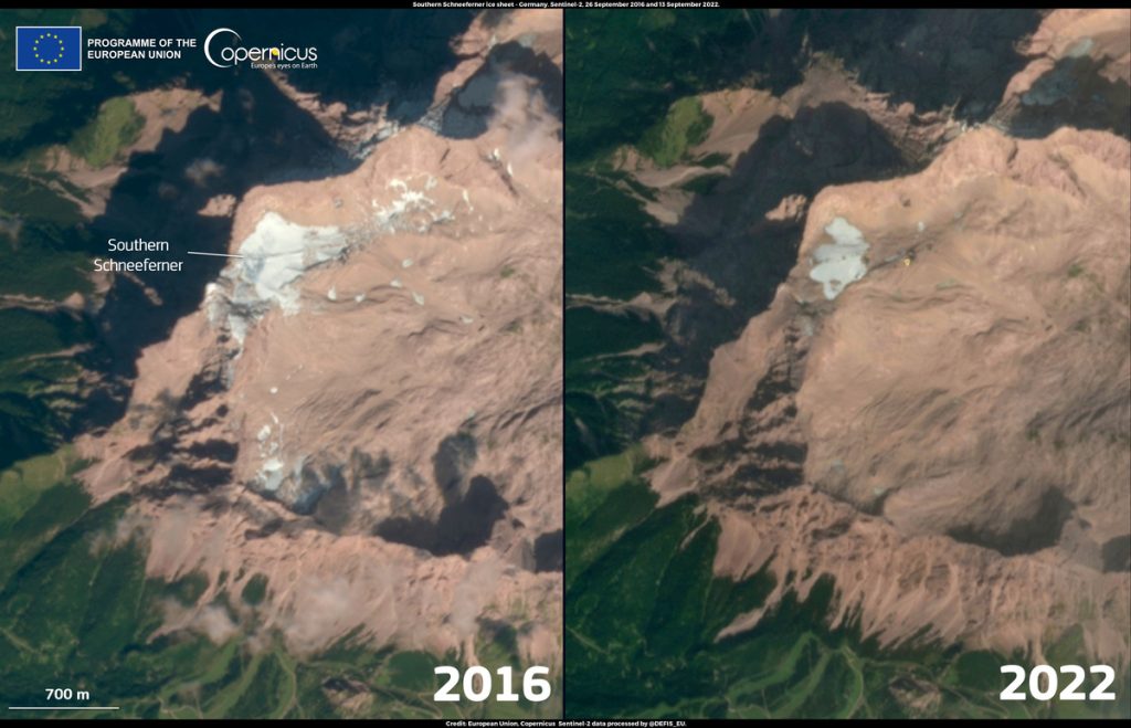 Lo Schneeferner meridionale nel 2016 e 2022 - Foto European Union, Copernicus Sentinel-2 imagery