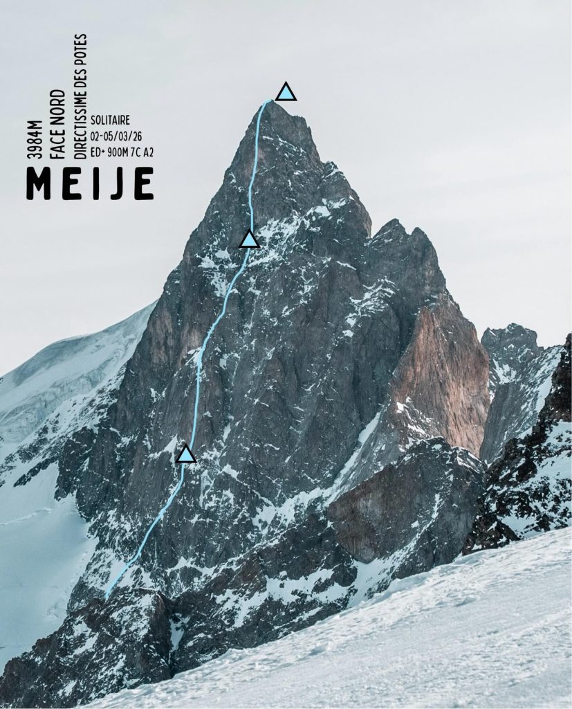 Il tracciato della ripetizione, con i punti dei tre bivacchi. Foto Facebook Victor Garcin