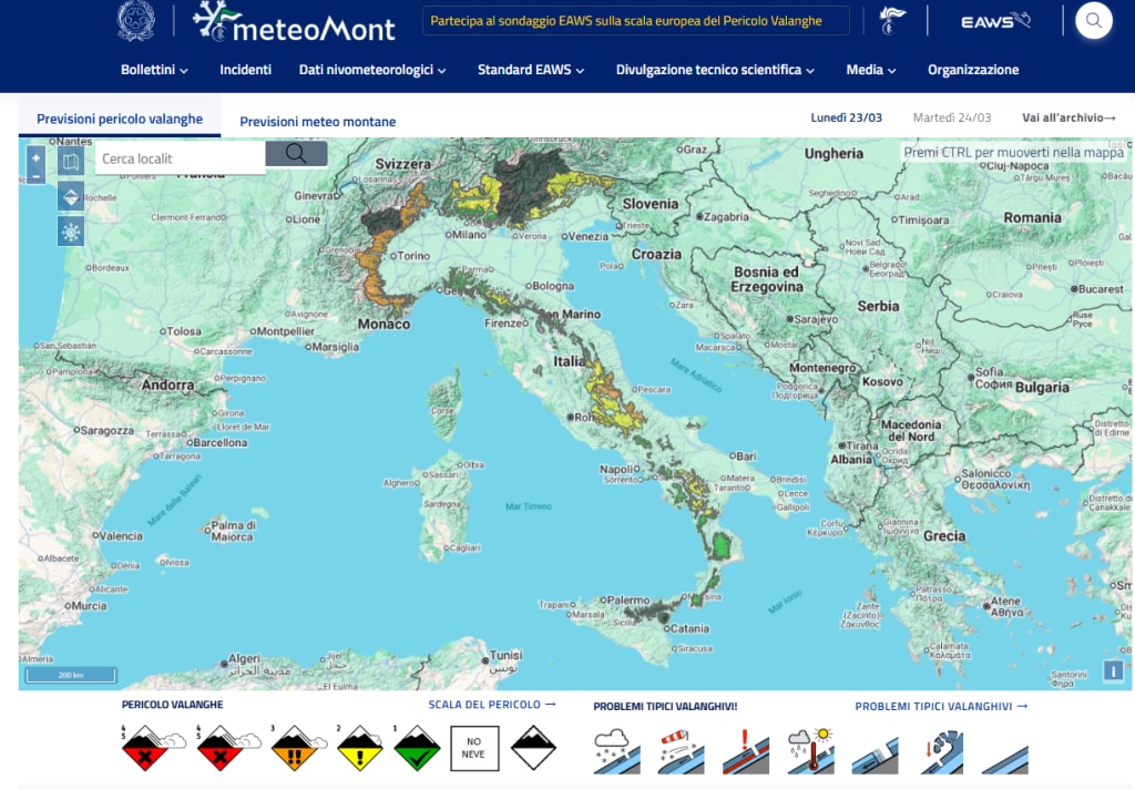 Bollettino valanghe sito Meteomont
