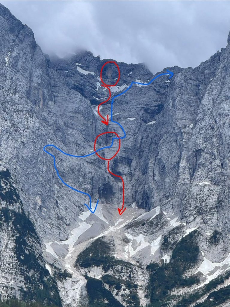 Il tracciato della Ferrata con, in rosso, le aree del distacco. Foto Instagram CAI fvg