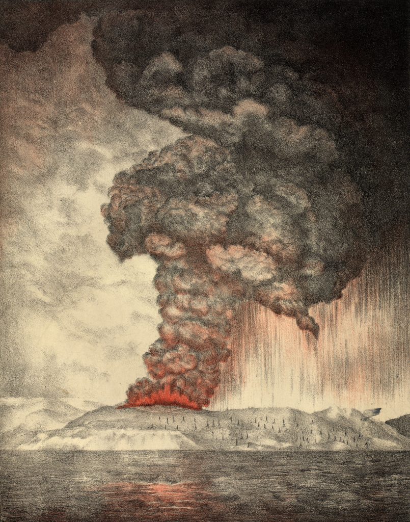 Eruzione Krakatoa -  Lithograph: Parker & Coward, Britain; - Image published as Plate 1 in The eruption of Krakatoa, and subsequent phenomena. Report of the Krakatoa Committee of the Royal Society (London, Trubner & Co., 1888) - Wikimedia Commons, Public Domain