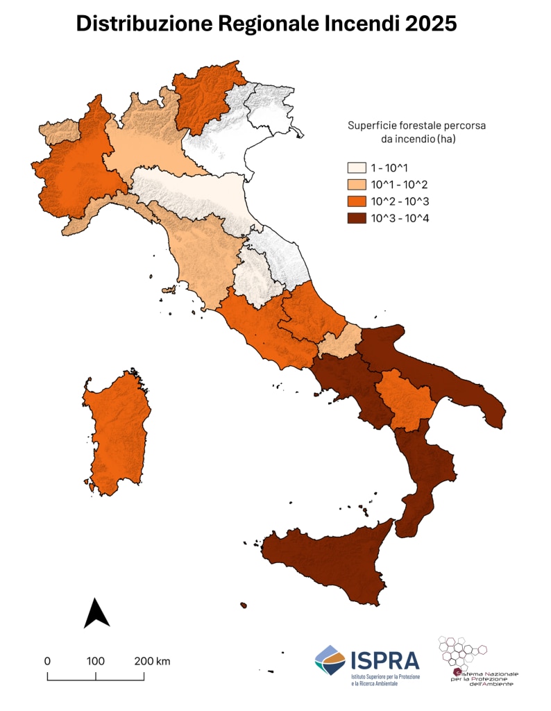 Distribuzione della superficie percorsa da incendio nell’anno 2025 per le regioni italiane (in ettari - ha), fonte dati EFFIS (dati aggiornati al 16/02/2026).
Elaborazione ISPRA – Centro Operativo Sorveglianza Ambientale.