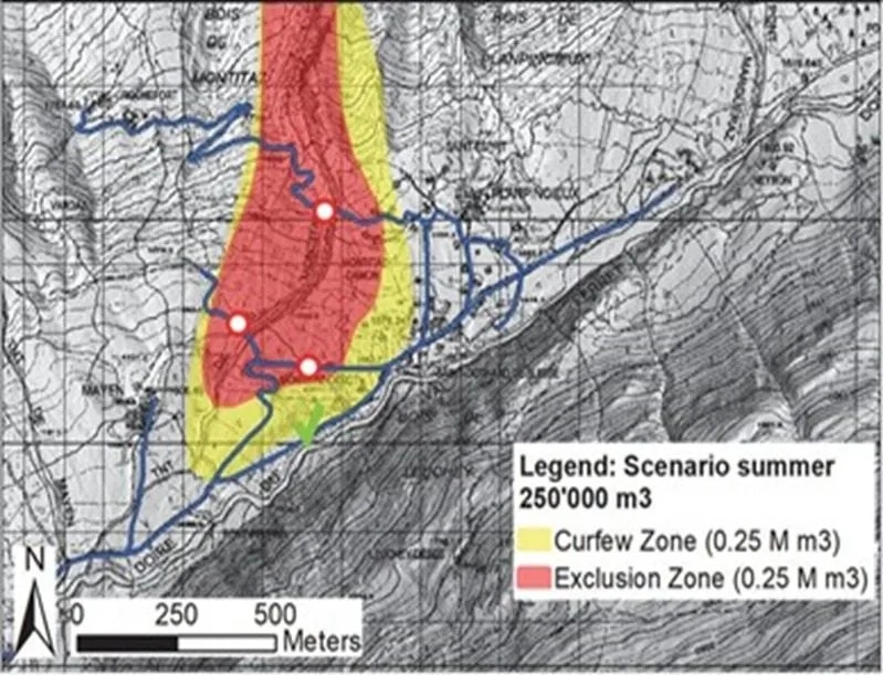 La cartografia di Protezione Civile relativa allo scenario estivo (S4) per Ghiacciaio Planpincieux.