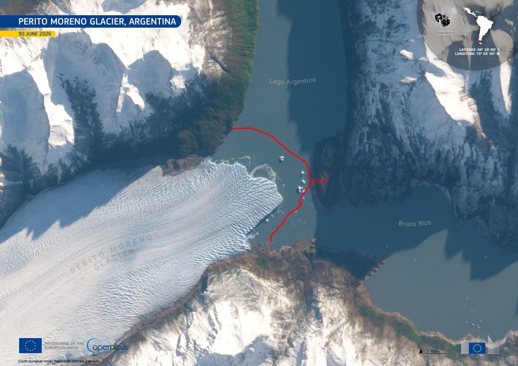 Perito Moreno, 30 giugno 2026 -European Union, Copernicus Sentinel-2 imagery